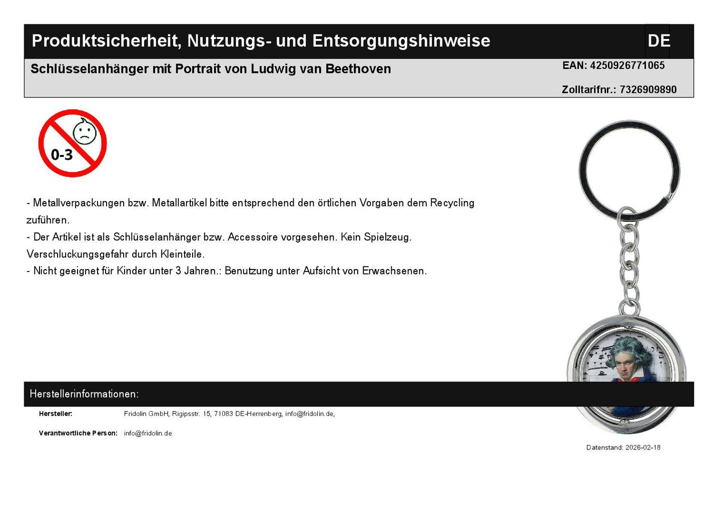 Schlüsselanhänger mit Portrait von Ludwig van Beethoven