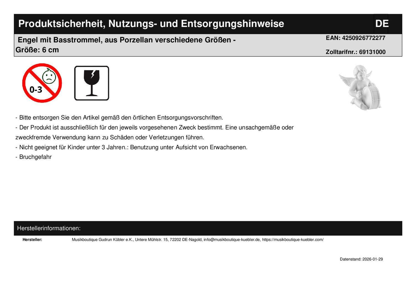 Weihnachtliches Geschenkset mit Serviette, Windlicht und Engel in Faltschachtel mit Sichtfenster - Instrument: Basstrommel