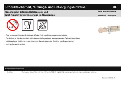 Geschenkset Gitarren-Salatbesteck und Salat-Kräuter-Gewürzmischung im Gewürzglas