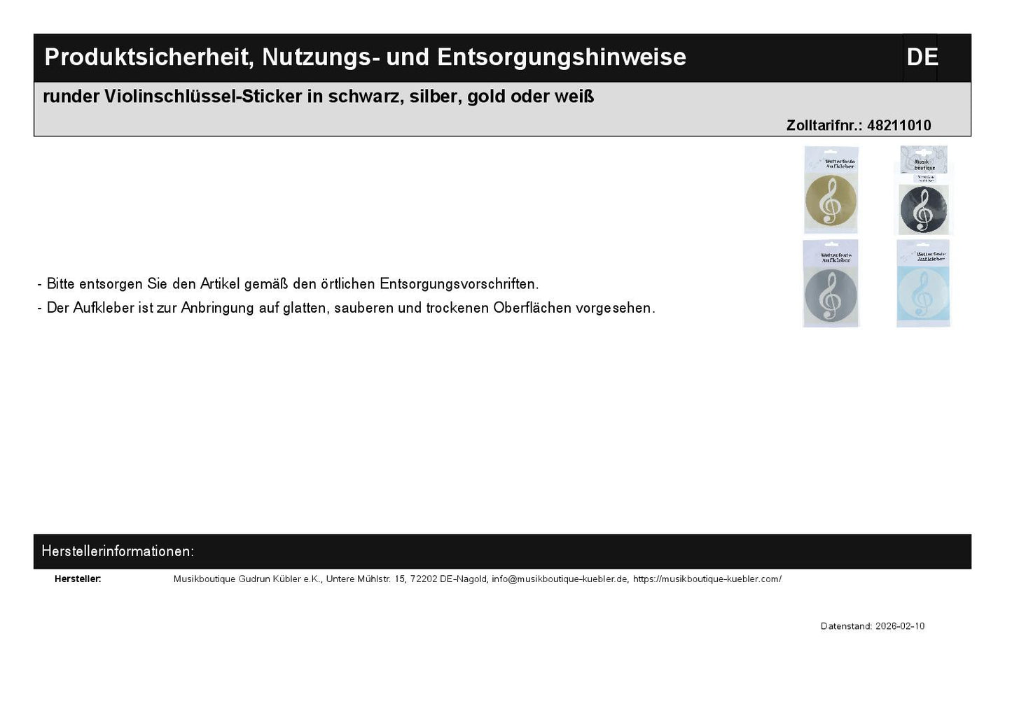 runder Violinschlüssel-Sticker in schwarz, silber, gold oder weiß