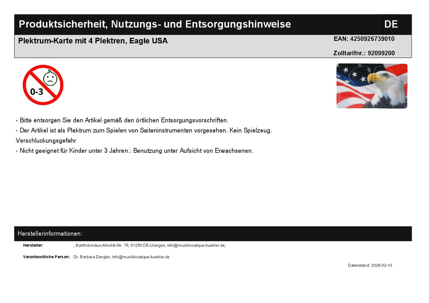 Plektrum-Karte mit 4 Plektren, Eagle USA