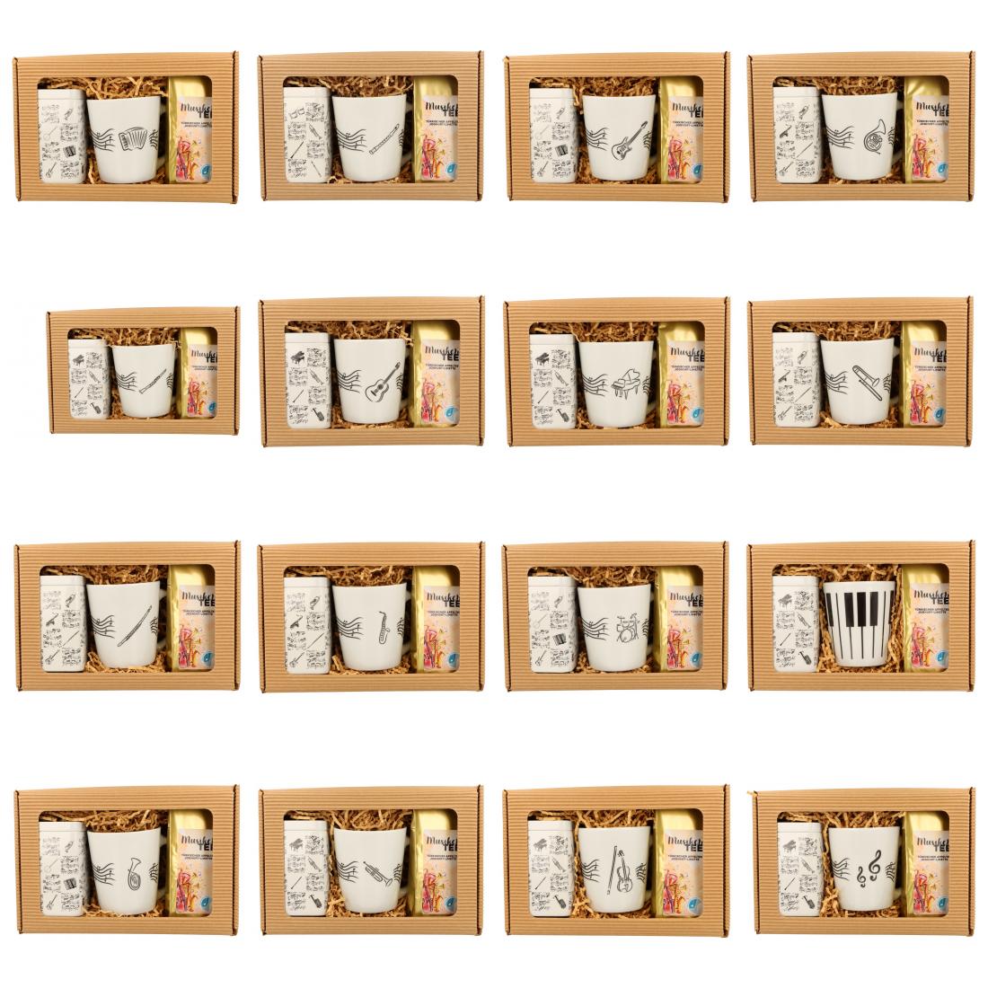 Geschenkset mit Musik-Henkelbecher, Musikertee und Teedose