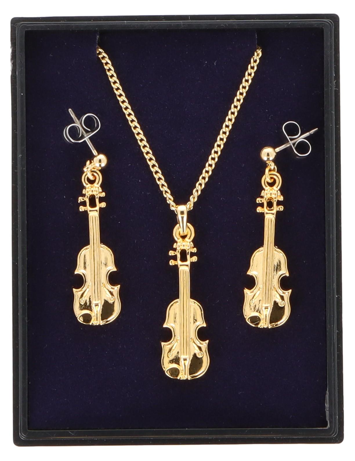 Violine Ohrhänger und Anhänger mit Kette in Displaybox, vergoldet