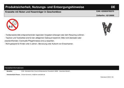 Krawatte mit Noten und Hosenträger in Geschenkbox