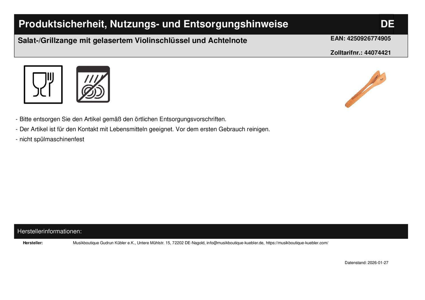 Geschenkset Salatzange mit gelasertem Violinschlüssel/Achtelnote und Salat-Kräuter-Gewürzmischung im Gewürzglas  in Tagetasche