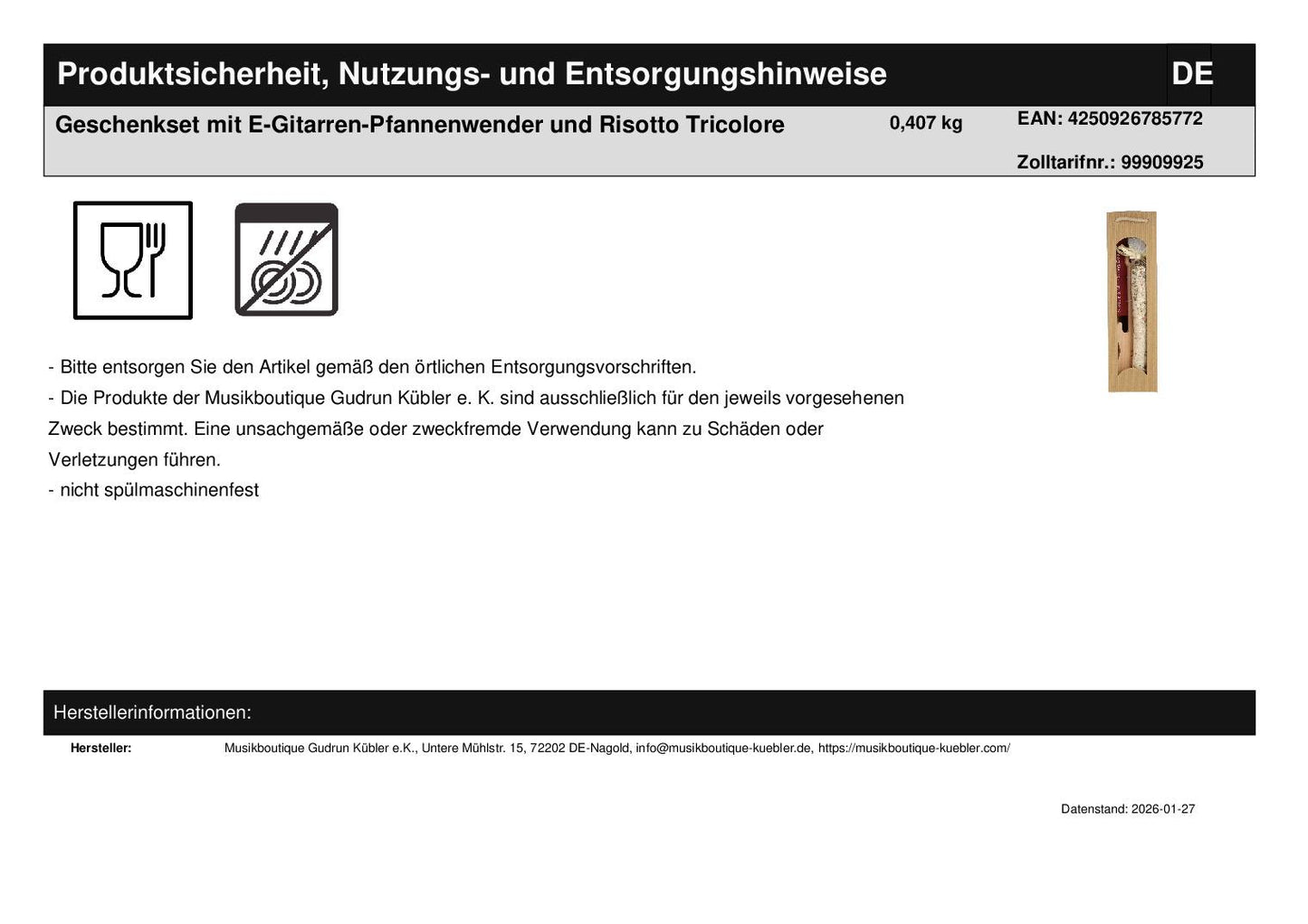 Geschenkset mit E-Gitarren-Pfannenwender und Risotto Tricolore