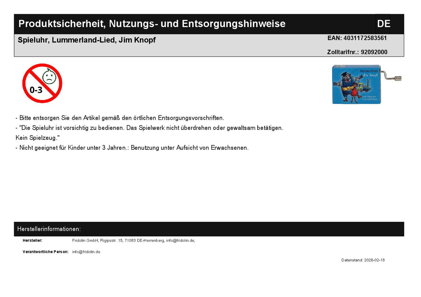 Spieluhr, Lummerland-Lied, Jim Knopf