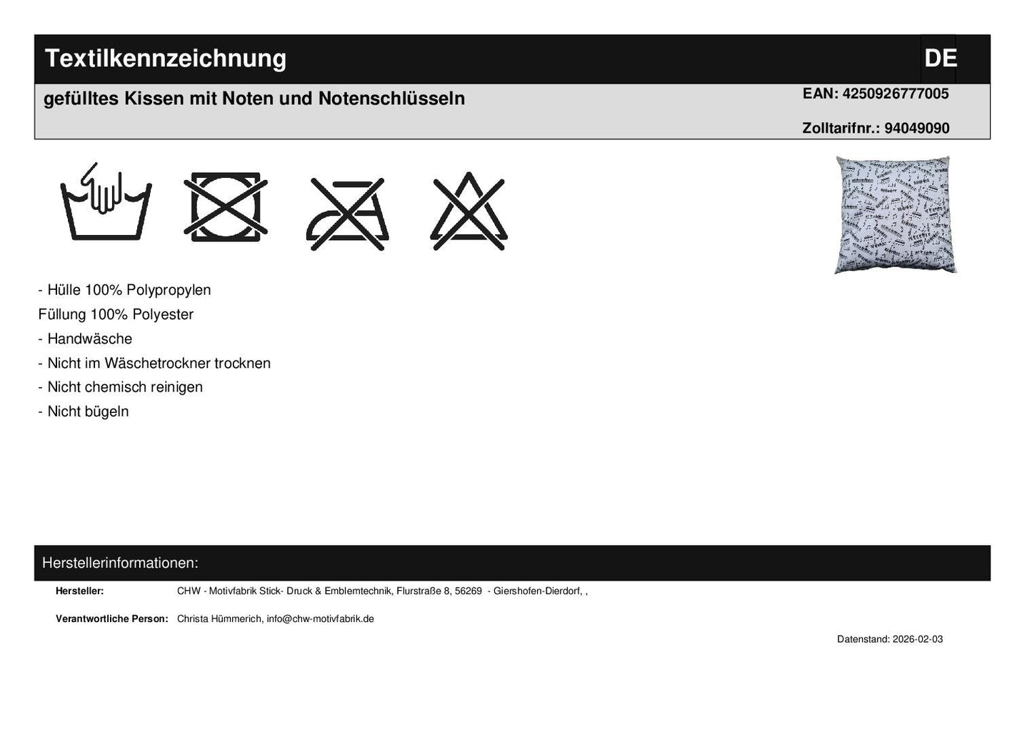 gefülltes Kissen mit Noten und Notenschlüsseln