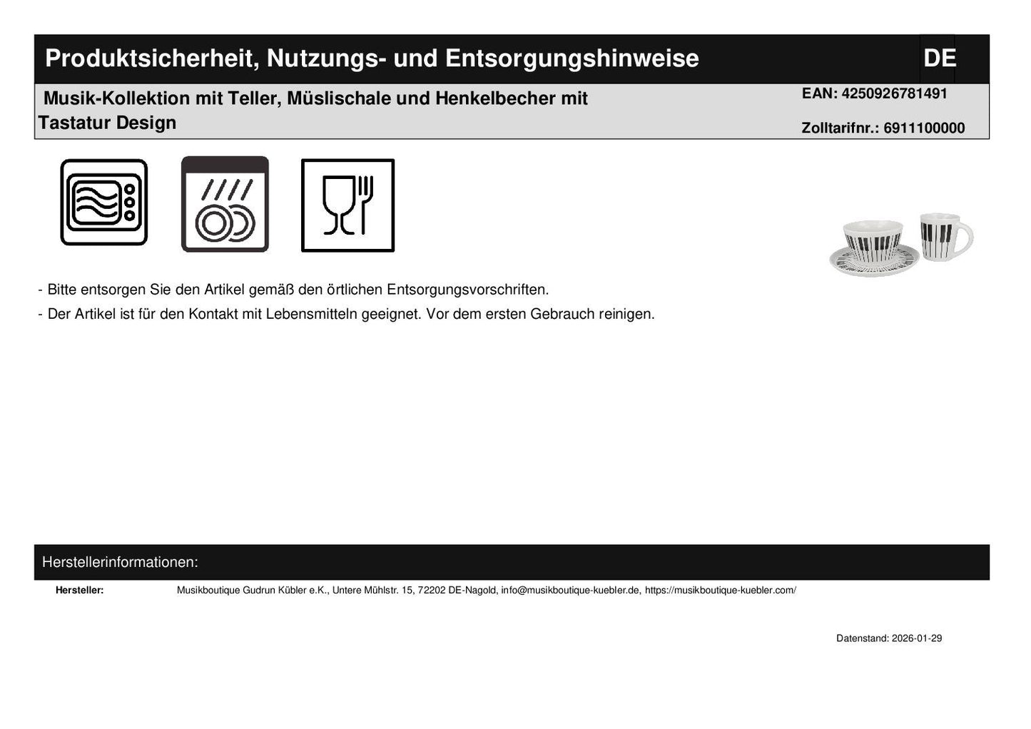 Musik-Kollektion mit Teller, Müslischale und Henkelbecher mit Tastatur Design