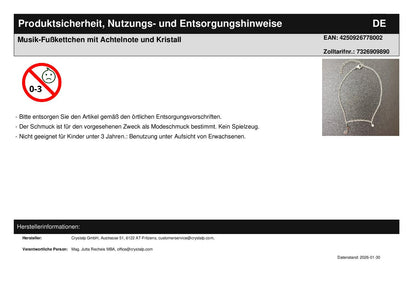 Music anklet with eighth note and crystal