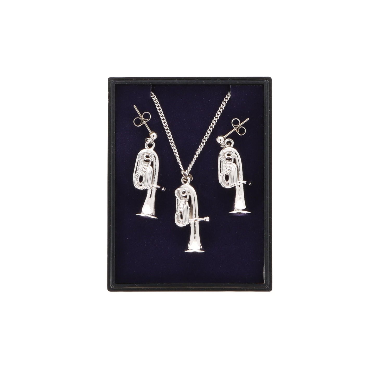 Tuba Ohrhänger und Anhänger mit Kette in Displaybox, versilbert oder vergoldet, Blasmusik