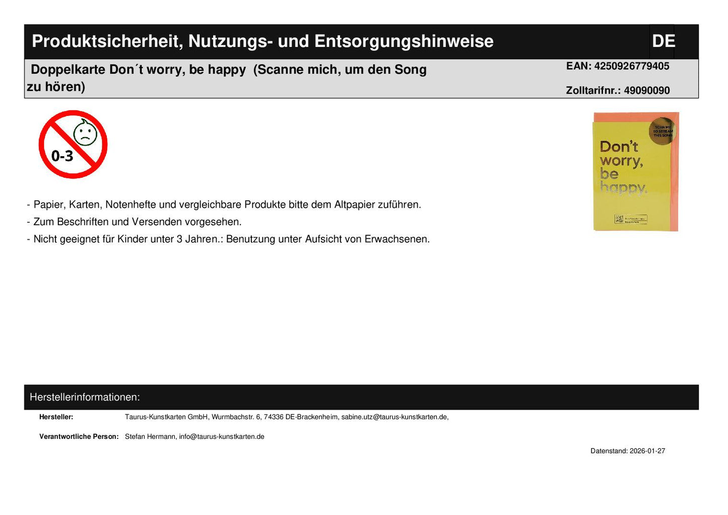 Double card Don´t worry, be happy (Scan me to hear the song)