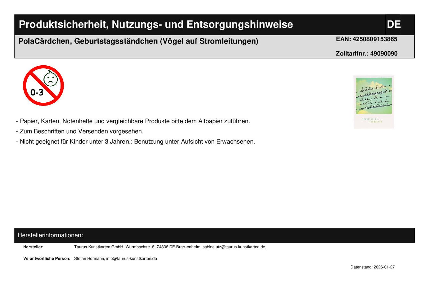 PolaCärdchen, Geburtstagsständchen (Vögel auf Stromleitungen)