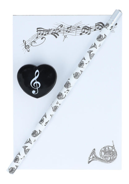 Writing set pencil, sharpener and A6 pad with various instruments