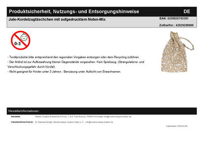 Jute-Kordelzugtäschchen mit aufgedrucktem Noten-Mix