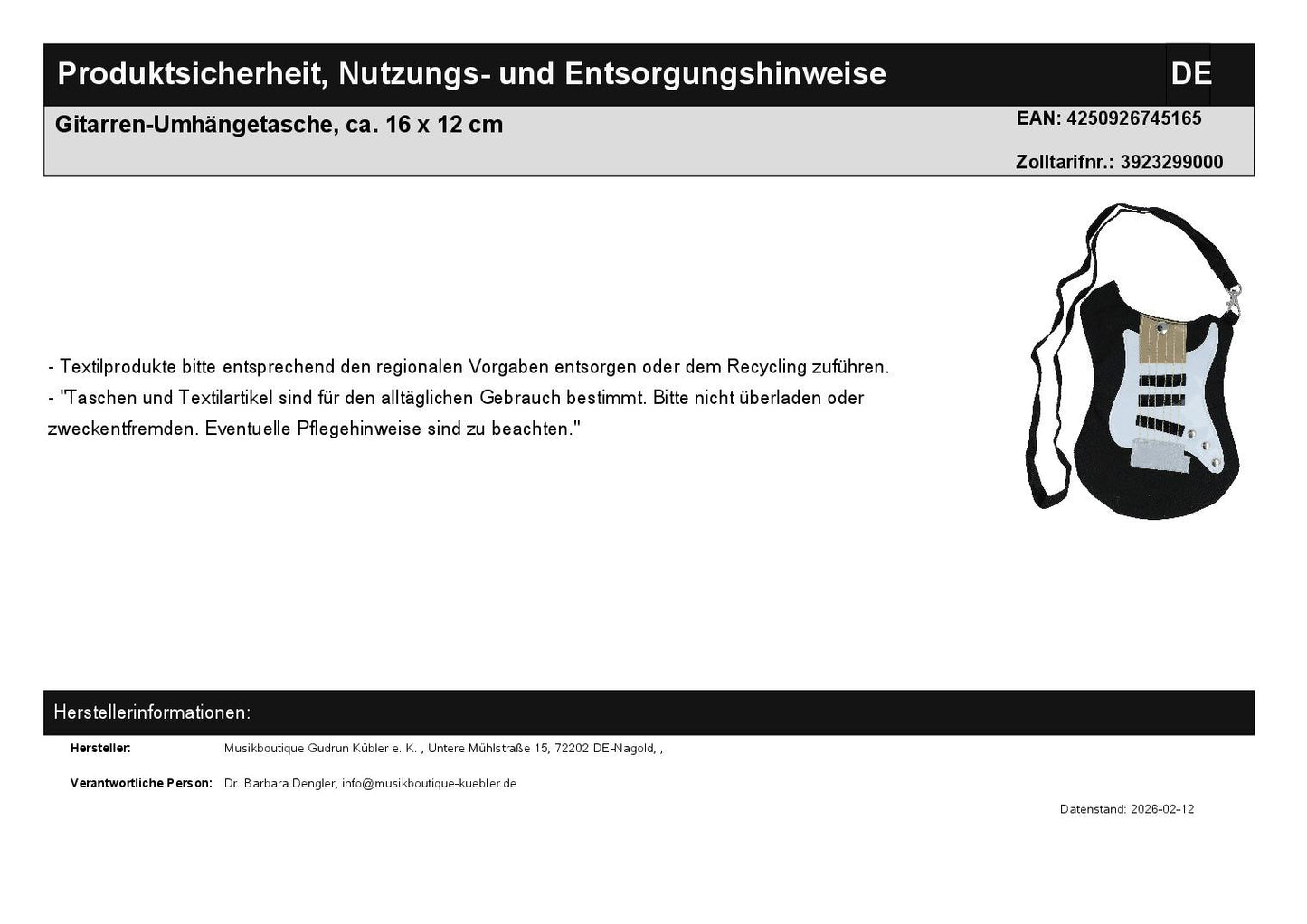 Gitarren-Umhängetasche, ca. 16 x 12 cm