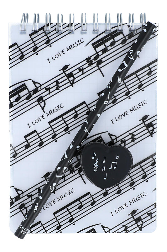 Schreibset mit Notenlinien-Spiralblock, Bleistift und Herzform-Bleistiftspitzer Notenmix
