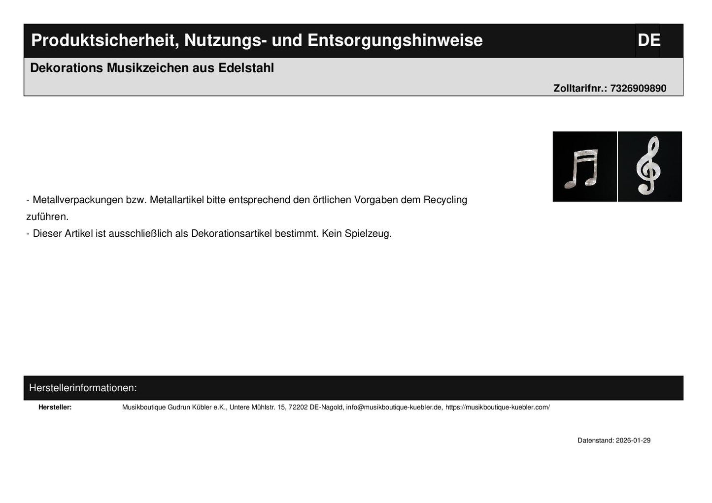 Dekorations Musikzeichen aus Edelstahl