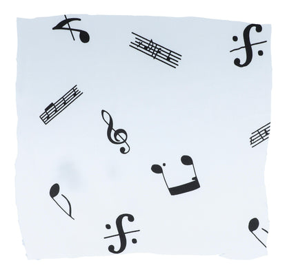 Sold by the meter white with notes, clefs and staves, polyester satin