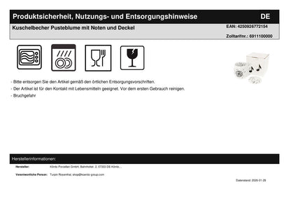 Kuschelbecher Pusteblume mit Noten und Deckel