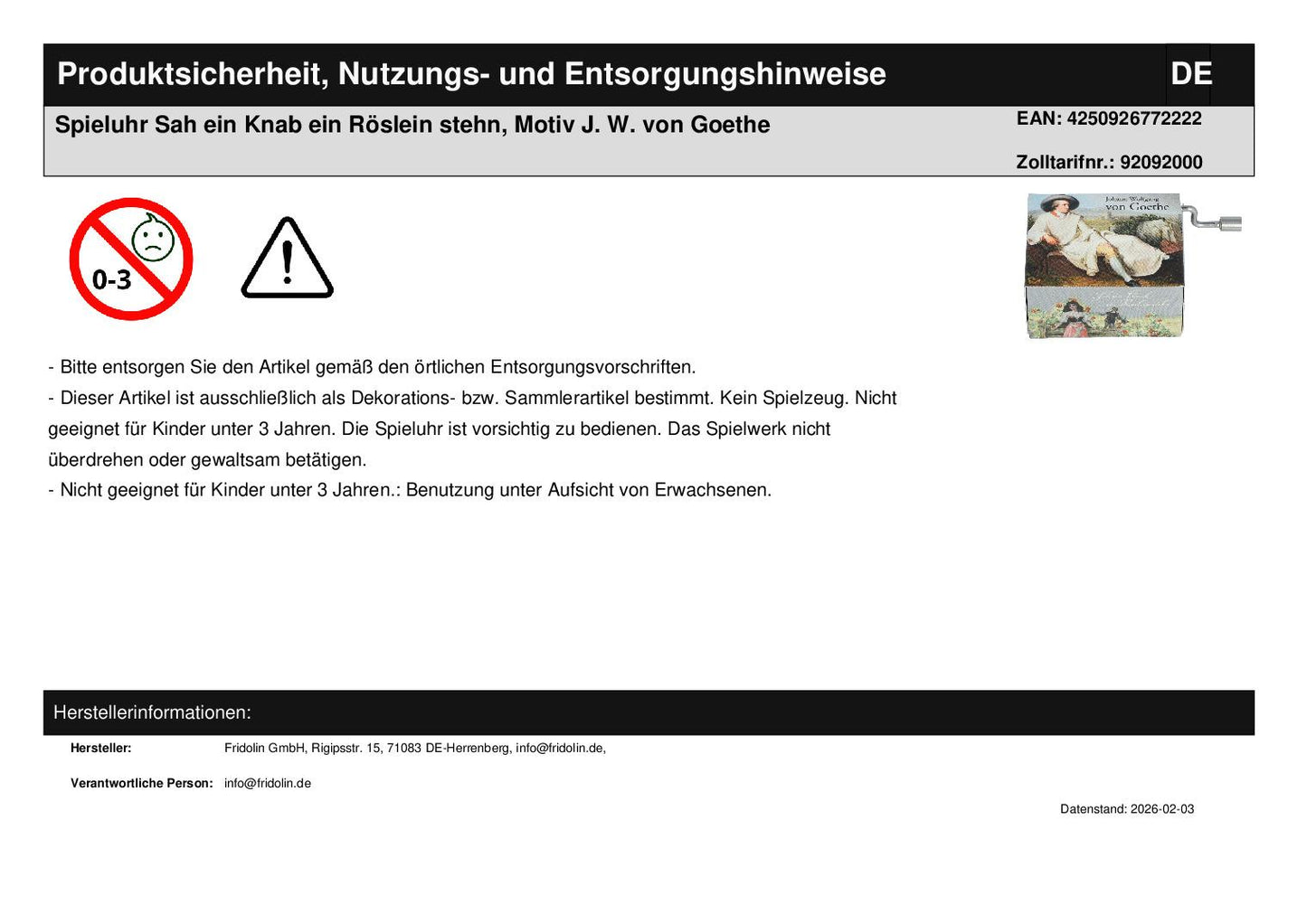Spieluhr Sah ein Knab ein Röslein stehn, Motiv J. W. von Goethe