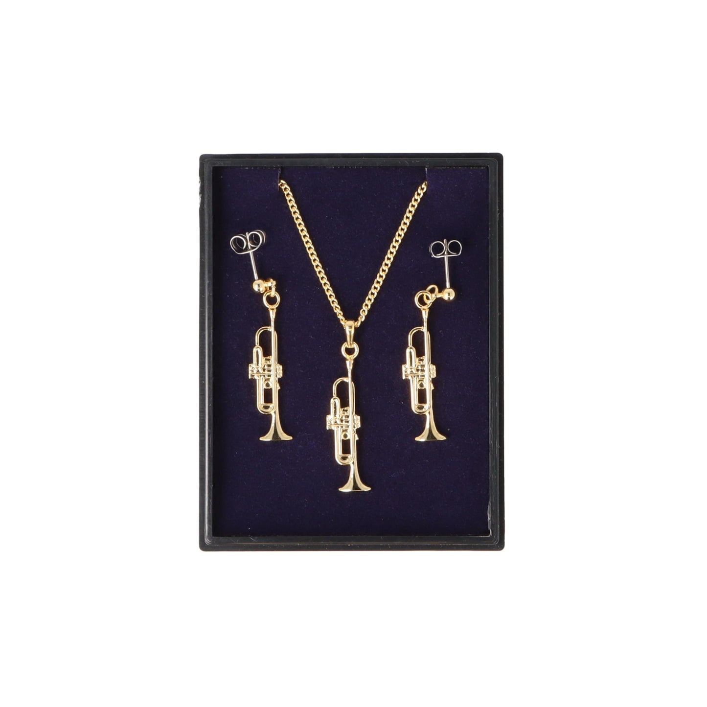 Trompete Ohrhänger und Anhänger mit Kette in Displaybox, versilbert oder vergoldet, Blasmusik