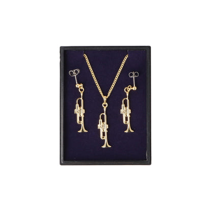 Trompete Ohrhänger und Anhänger mit Kette in Displaybox, versilbert oder vergoldet, Blasmusik