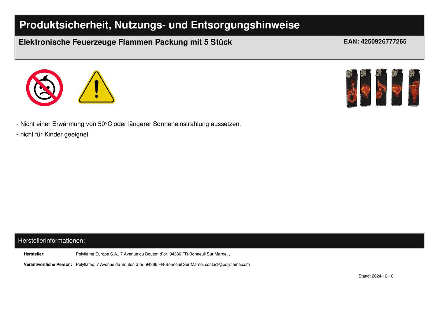 Elektronische Feuerzeuge Flammen Packung mit 5 Stück