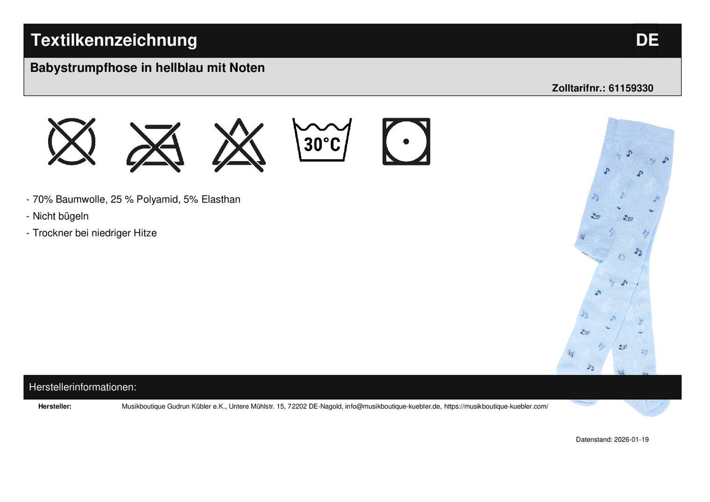 Babystrumpfhose in hellblau mit Noten
