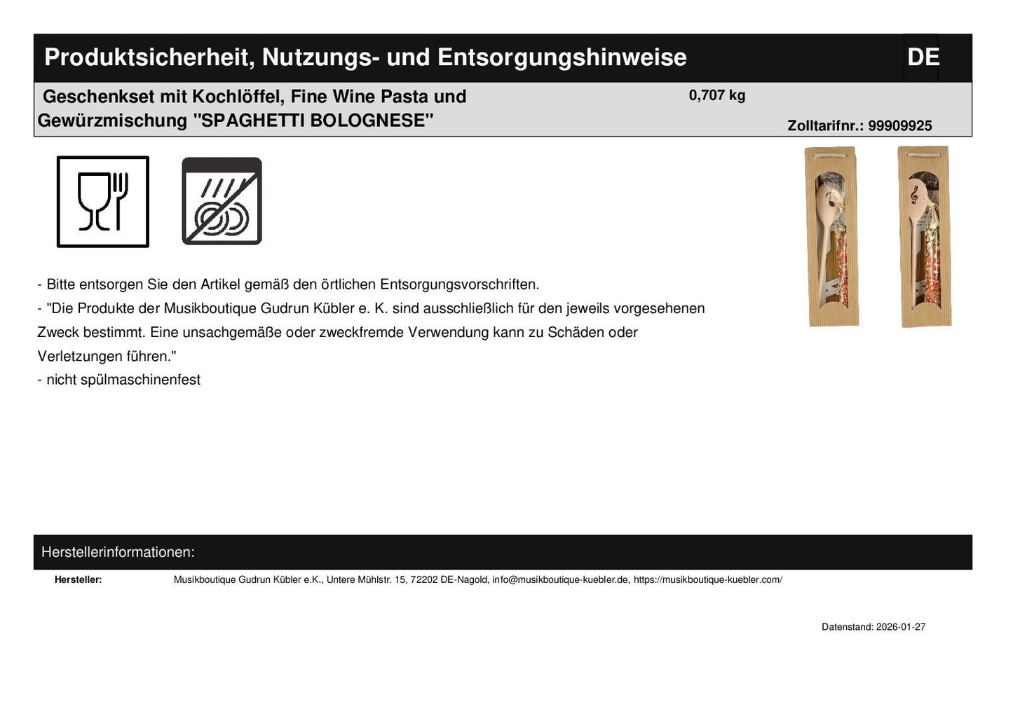 Geschenkset mit Kochlöffel, Fine Wine Pasta und Gewürzmischung "SPAGHETTI BOLOGNESE"