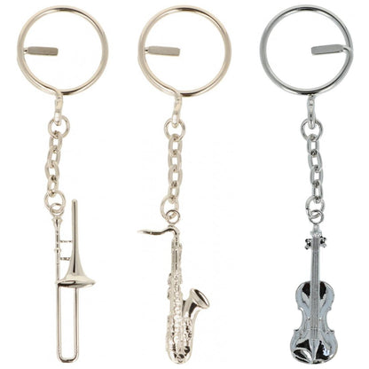 silver metal keychains shaped as instruments or treble clefs