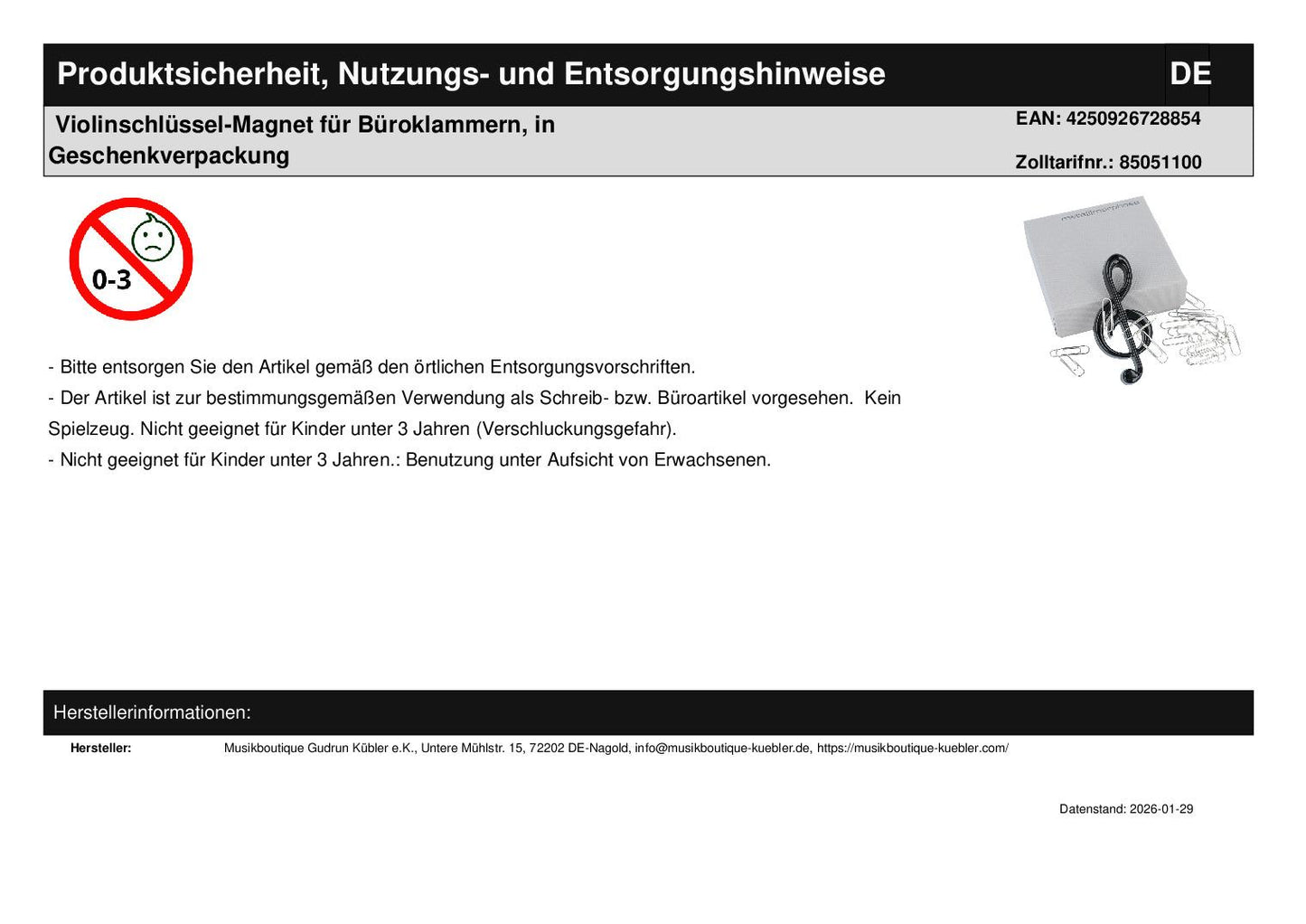 Treble clef magnet for paper clips, in gift packaging