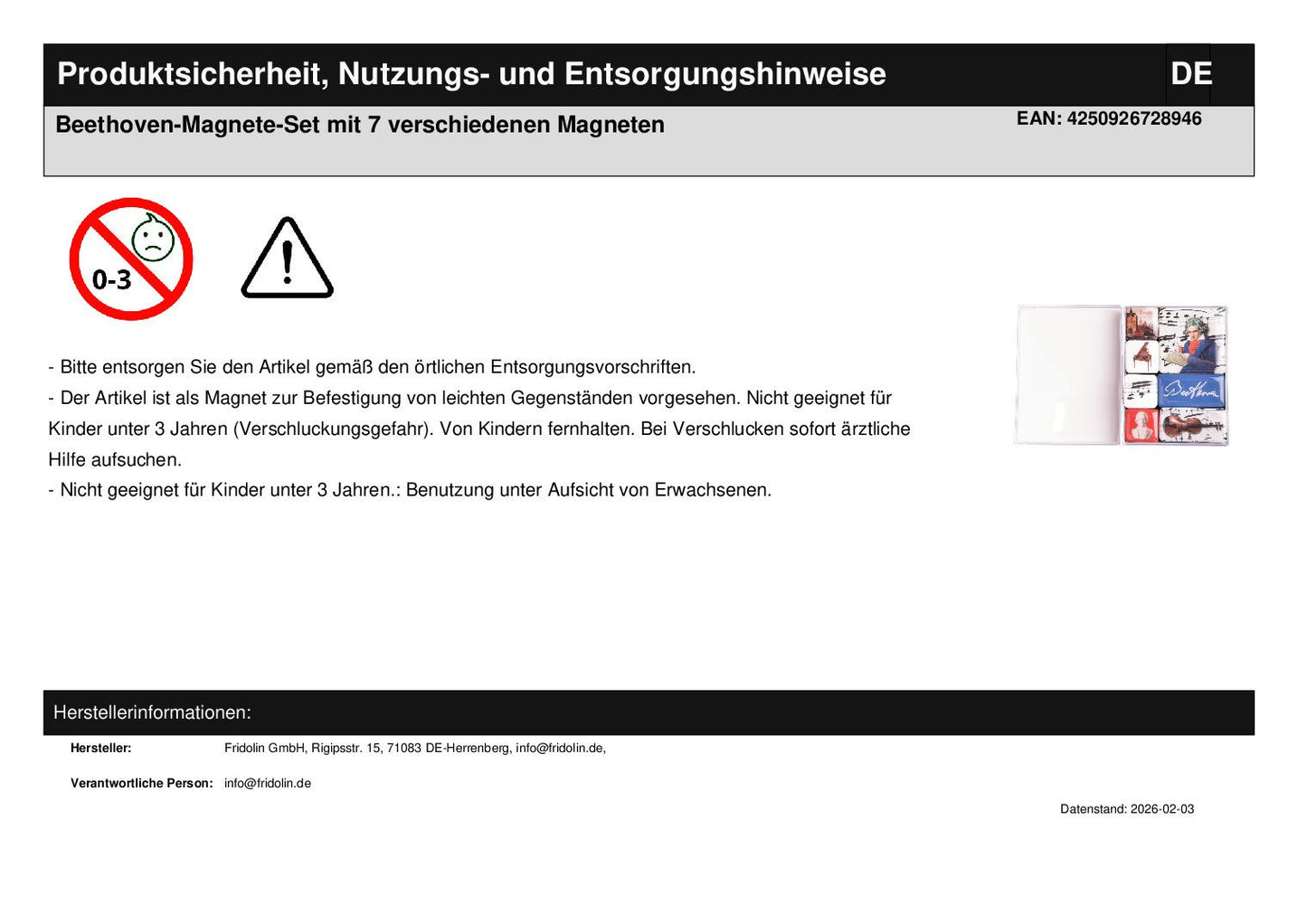 Beethoven magnet set with 7 different magnets