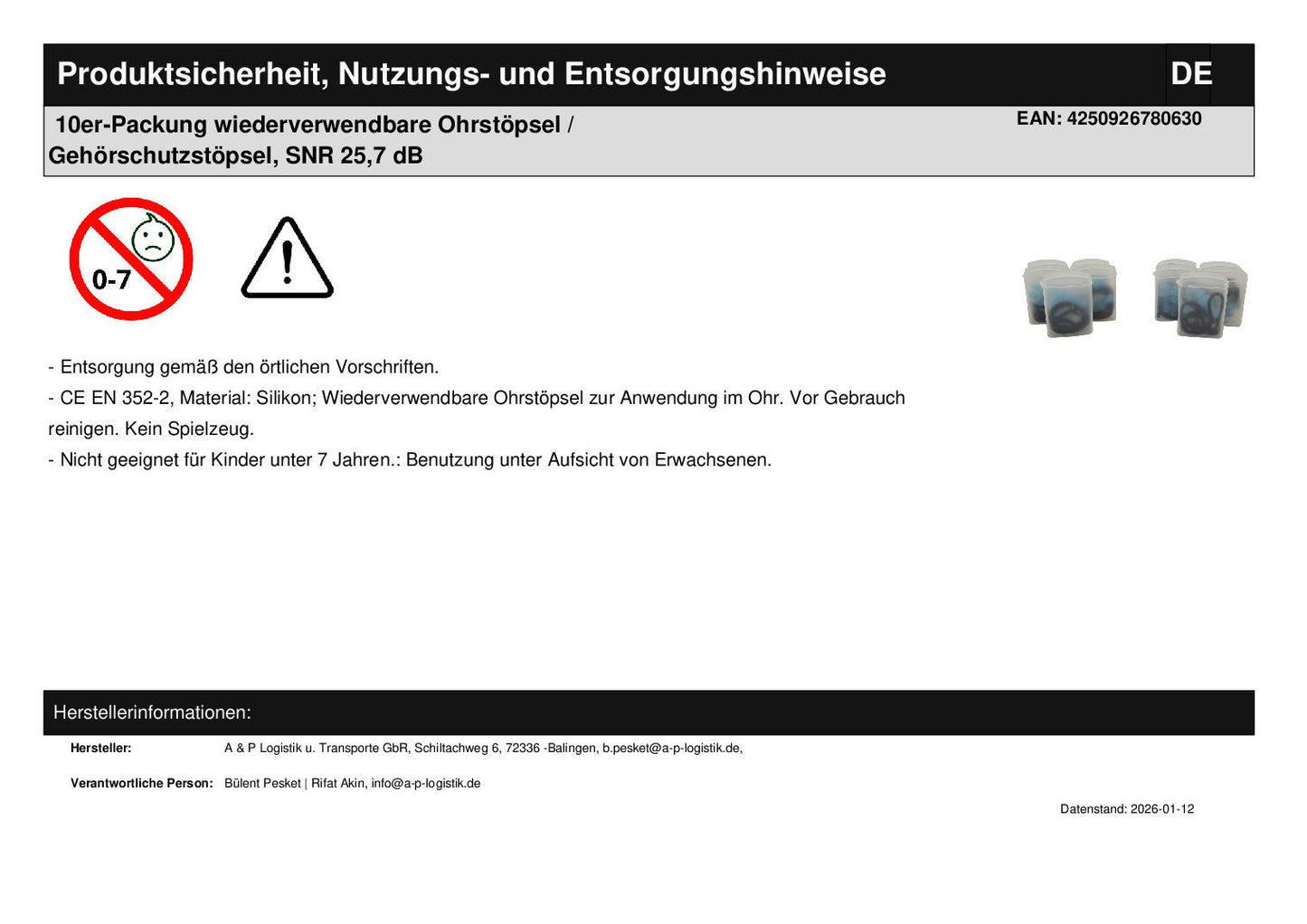 Pack of 10 reusable earplugs / hearing protection plugs, SNR 25.7 dB