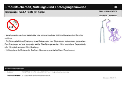 Stimmgabel rund A Hz440 mit Kordel