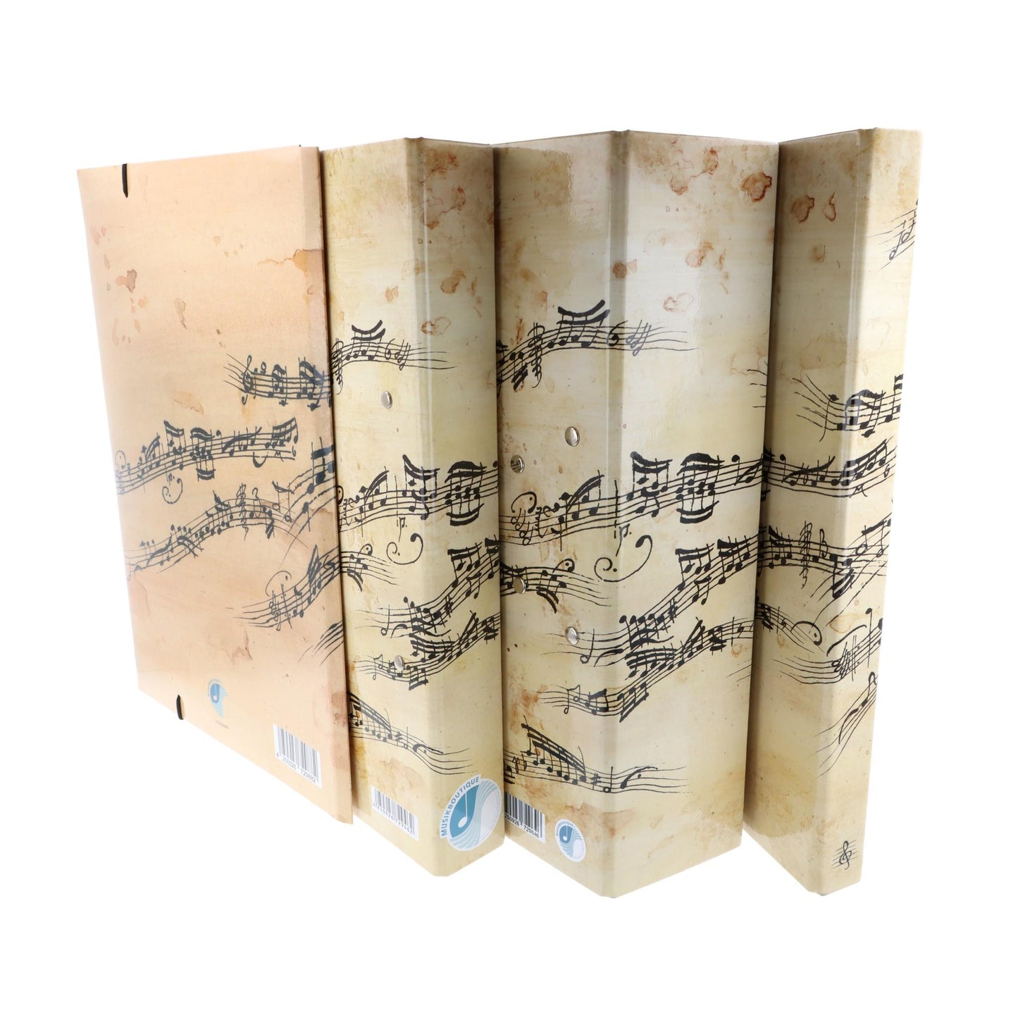 musikalischer Ordner, schmaler Ringbuchordner, Sammelbox und Sammelmappe in creme schwarzen Noten/Notenzeilen