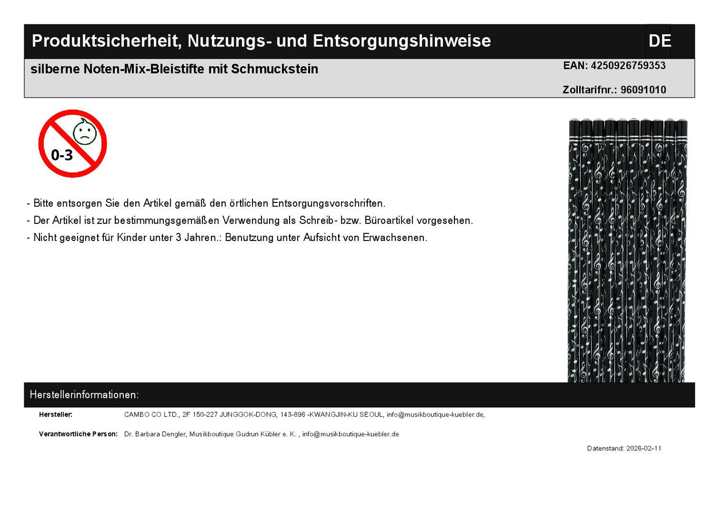silberne Noten-Mix-Bleistifte mit Schmuckstein