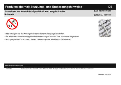 Schreibset mit Notenlinien-Spiralblock und Kugelschreiber Notenmix