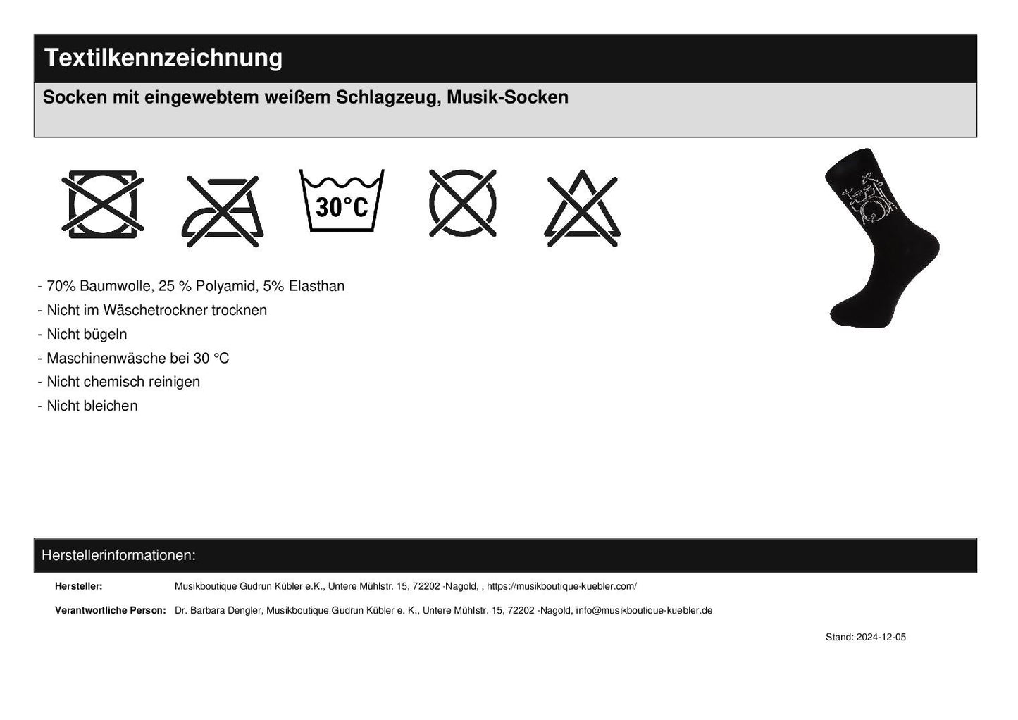 Socken mit eingewebtem weißem Schlagzeug, Musik-Socken