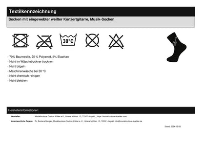 Socken mit eingewebter weißer Konzertgitarre, Musik-Socken