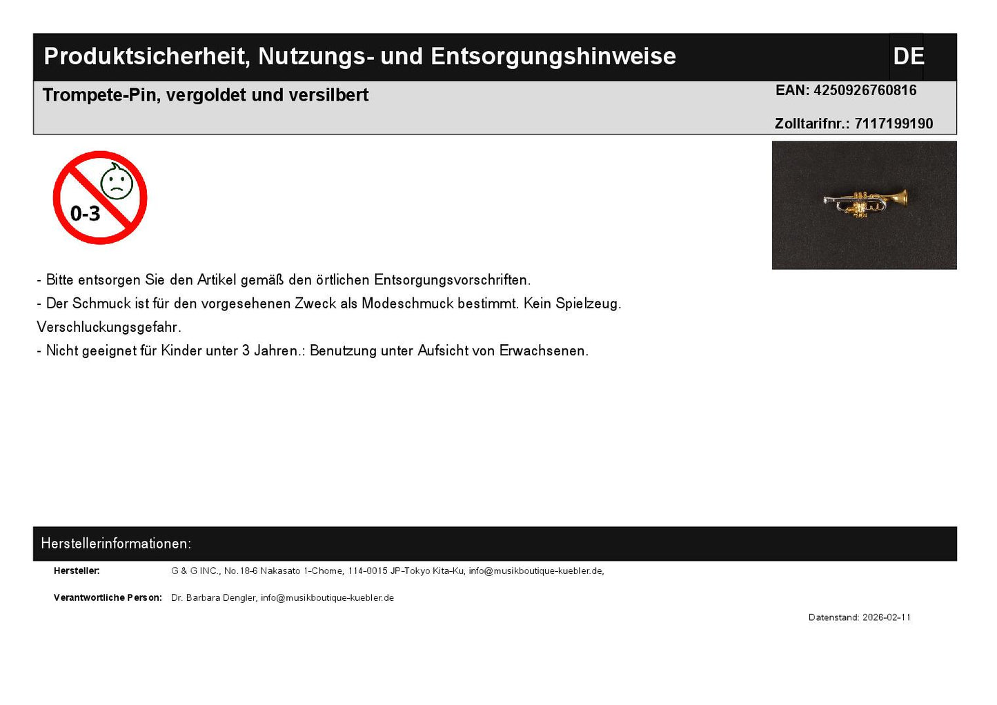 trumpet pin, gold-plated