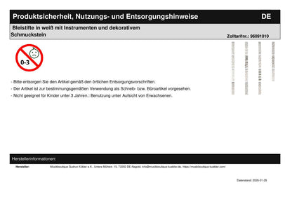 Bleistifte in weiß mit Instrumenten und dekorativem Schmuckstein