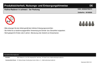 Violin Eraser in black - pack of 5