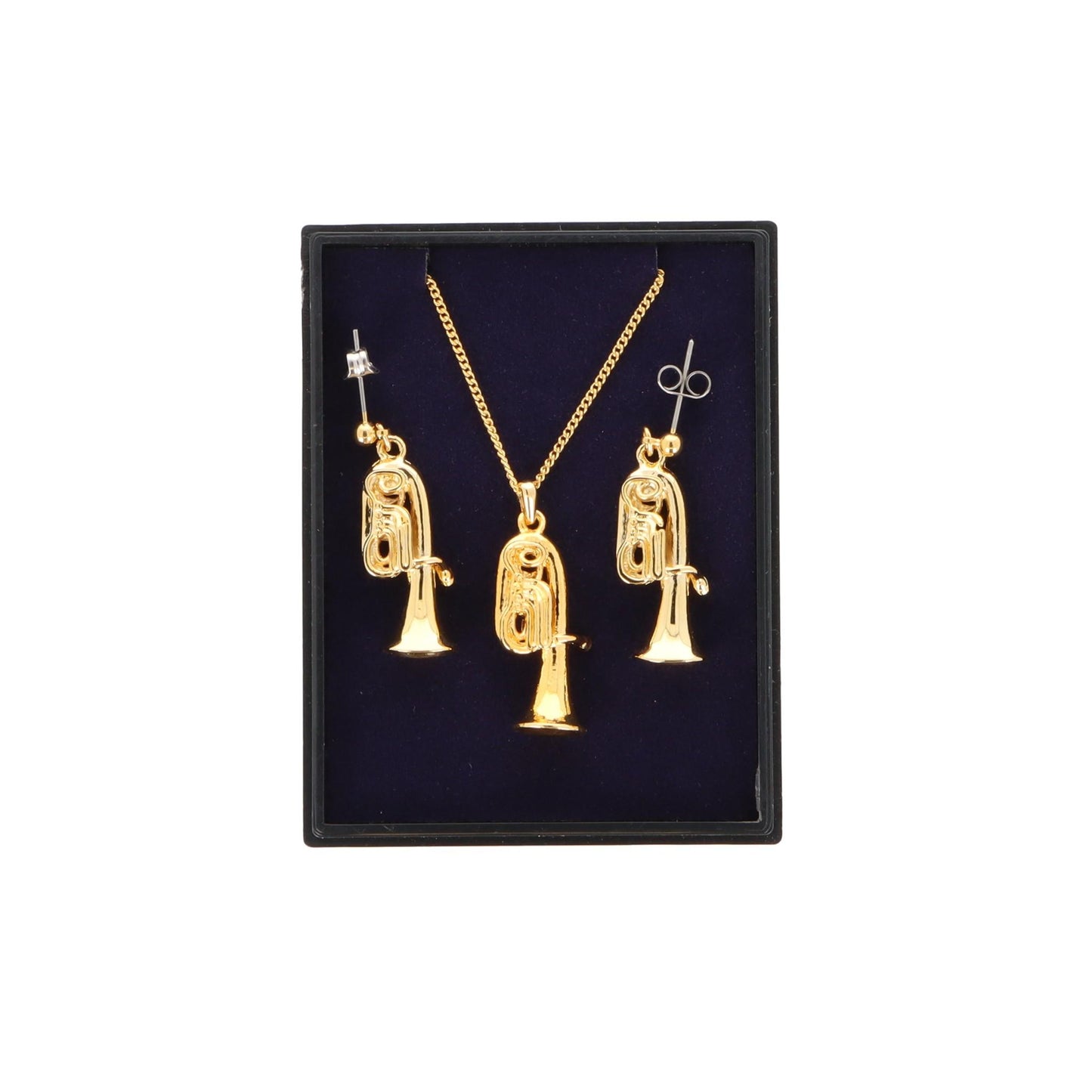 Tuba Ohrhänger und Anhänger mit Kette in Displaybox, versilbert oder vergoldet, Blasmusik