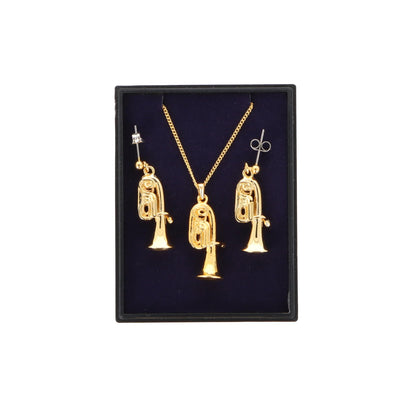 Tuba Ohrhänger und Anhänger mit Kette in Displaybox, versilbert oder vergoldet, Blasmusik