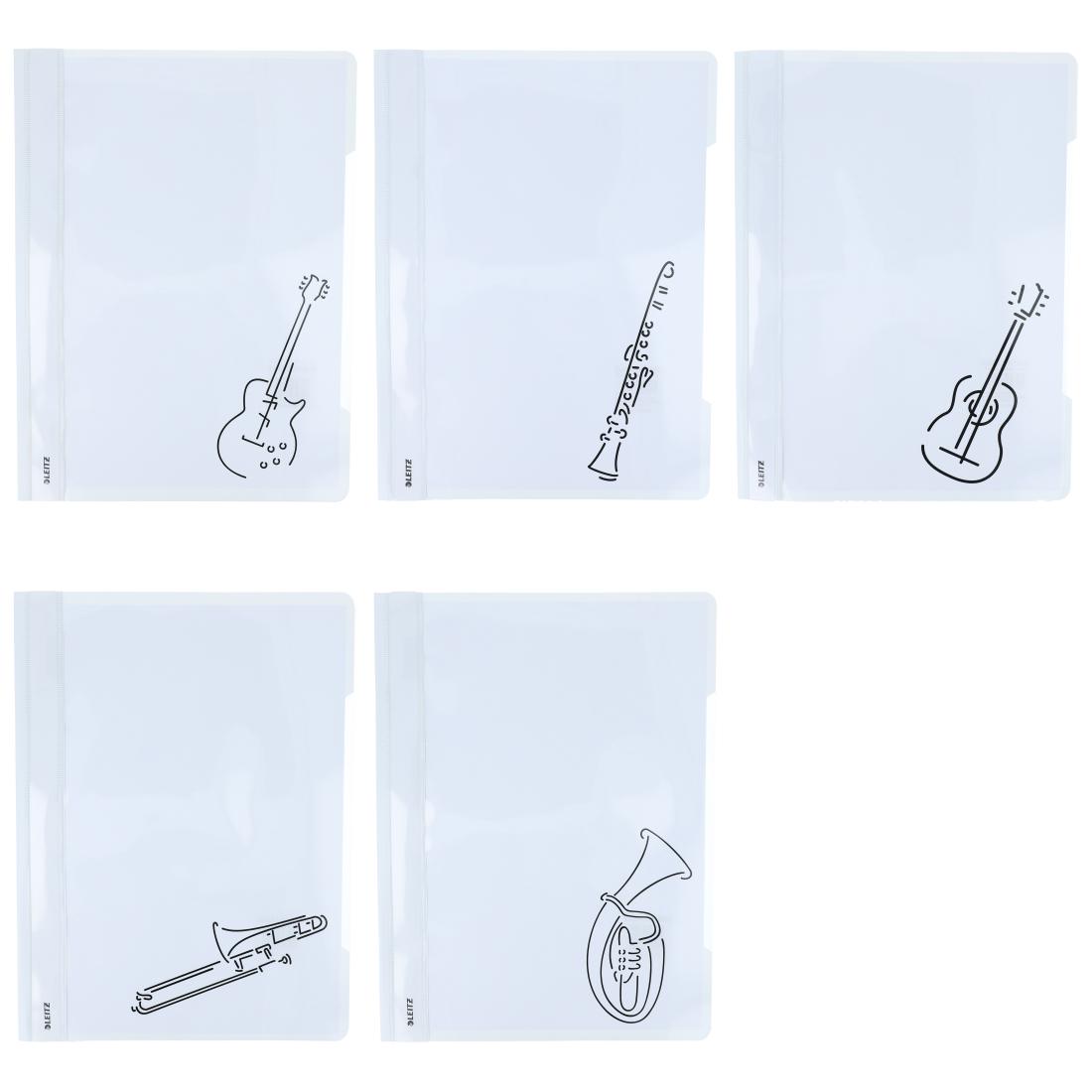 weiße Schnellhefter mit verschiedenen Instrumenten oder Notenzeichen