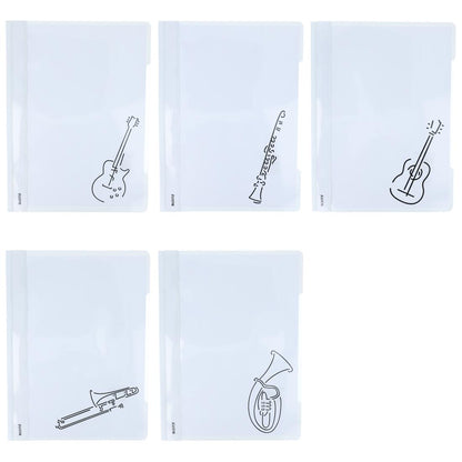 weiße Schnellhefter mit verschiedenen Instrumenten oder Notenzeichen