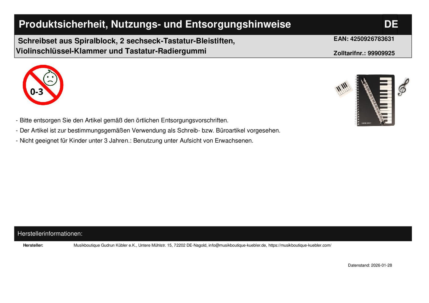 Schreibset aus Spiralblock, 2 sechseck-Tastatur-Bleistiften, Violinschlüssel-Klammer und Tastatur-Radiergummi