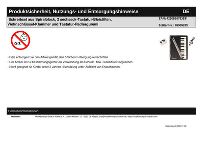 Schreibset aus Spiralblock, 2 sechseck-Tastatur-Bleistiften, Violinschlüssel-Klammer und Tastatur-Radiergummi