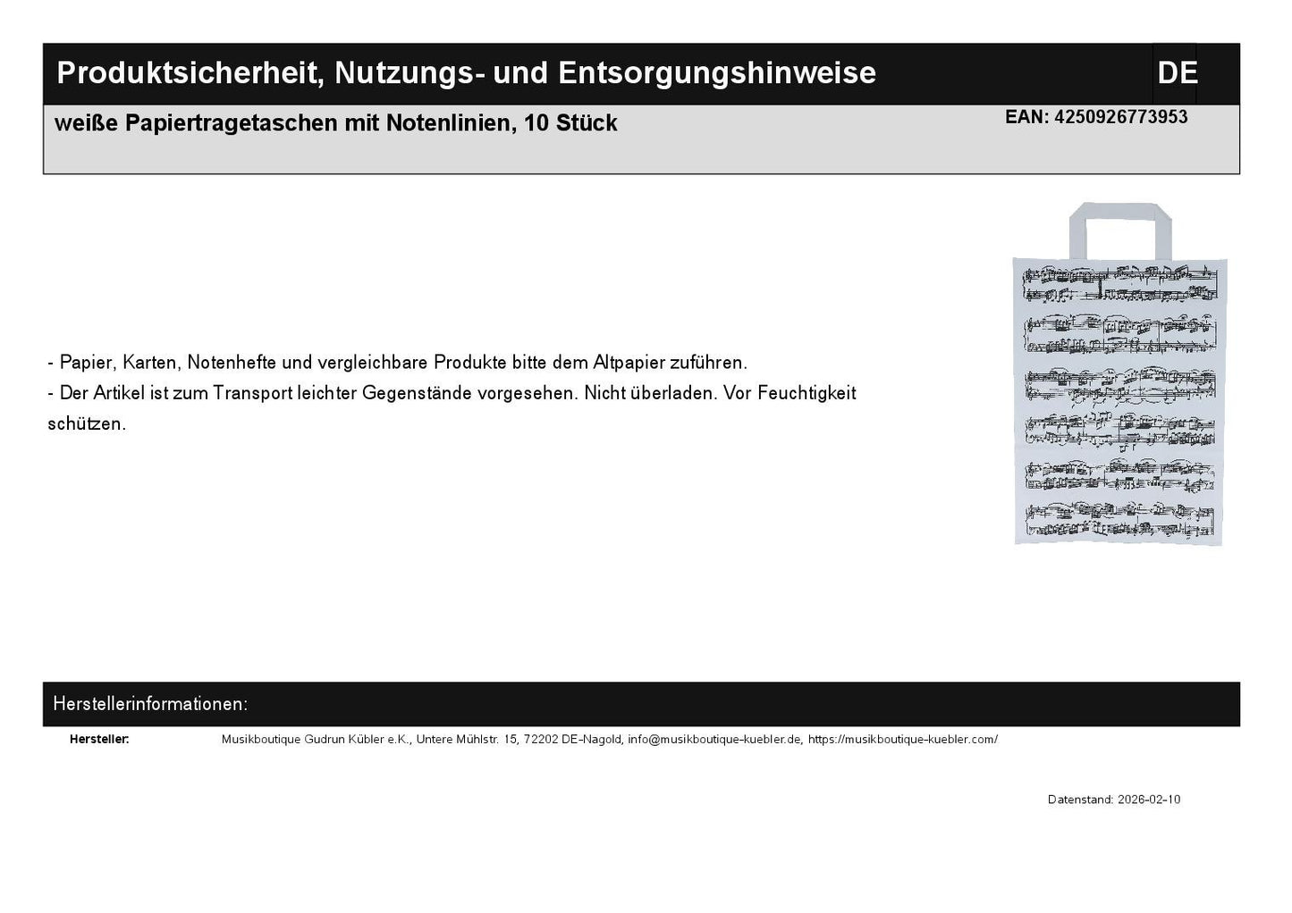 weiße Papiertragetaschen mit Notenlinien, 10 Stück